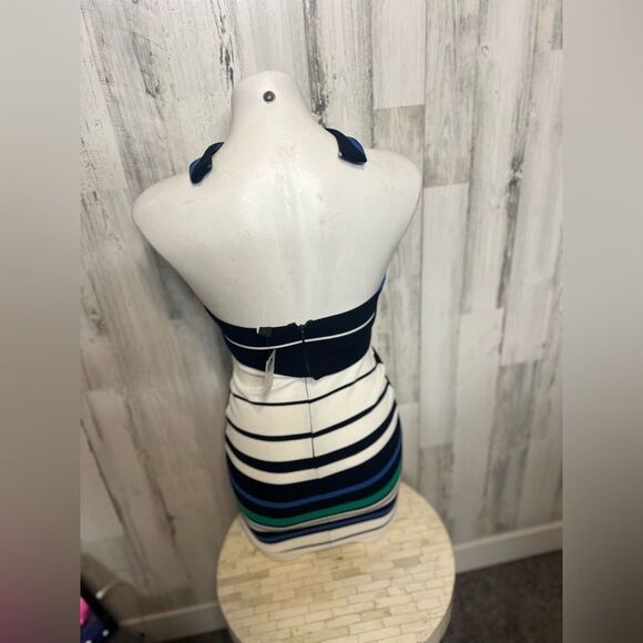 Striped Halter Bodycon Mini Dress Size Small Navy Blue White Teal Open Back - Picture 4 of 7